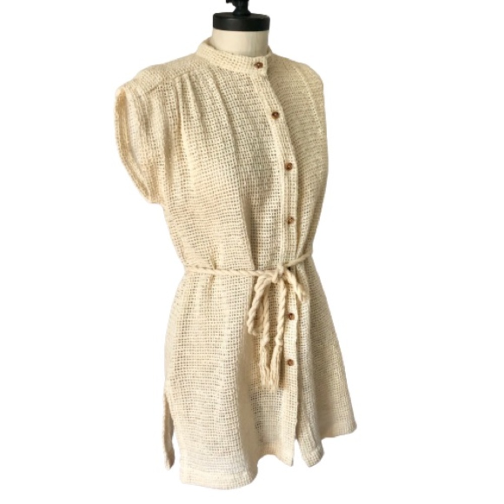 70s Vtg Open Knit Wood Button Rope Belted Tunic - Picture 4 of 17